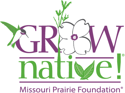 Grow Native! logo with hummingbird, white dogwood, and green plan flourishes. Missouri Prairie Foundation